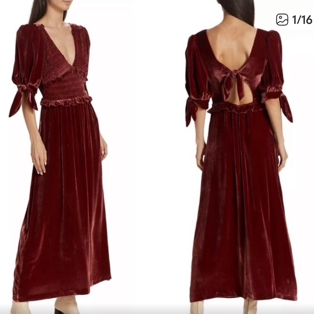 SEA New York Maude Velvet puff sleeve smocked dress burgundy - small